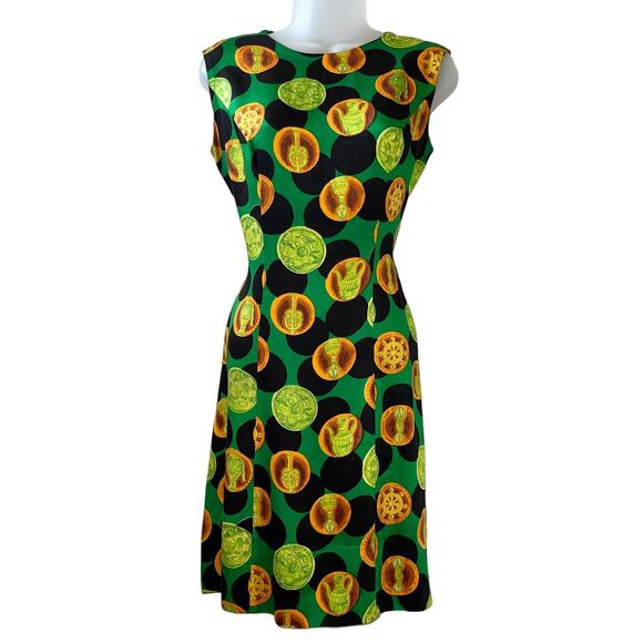 VINTAGE 60s Handmade Grecian Motif Graphic Print Sheath Cocktail Dress Size M - Picture 1 of 5